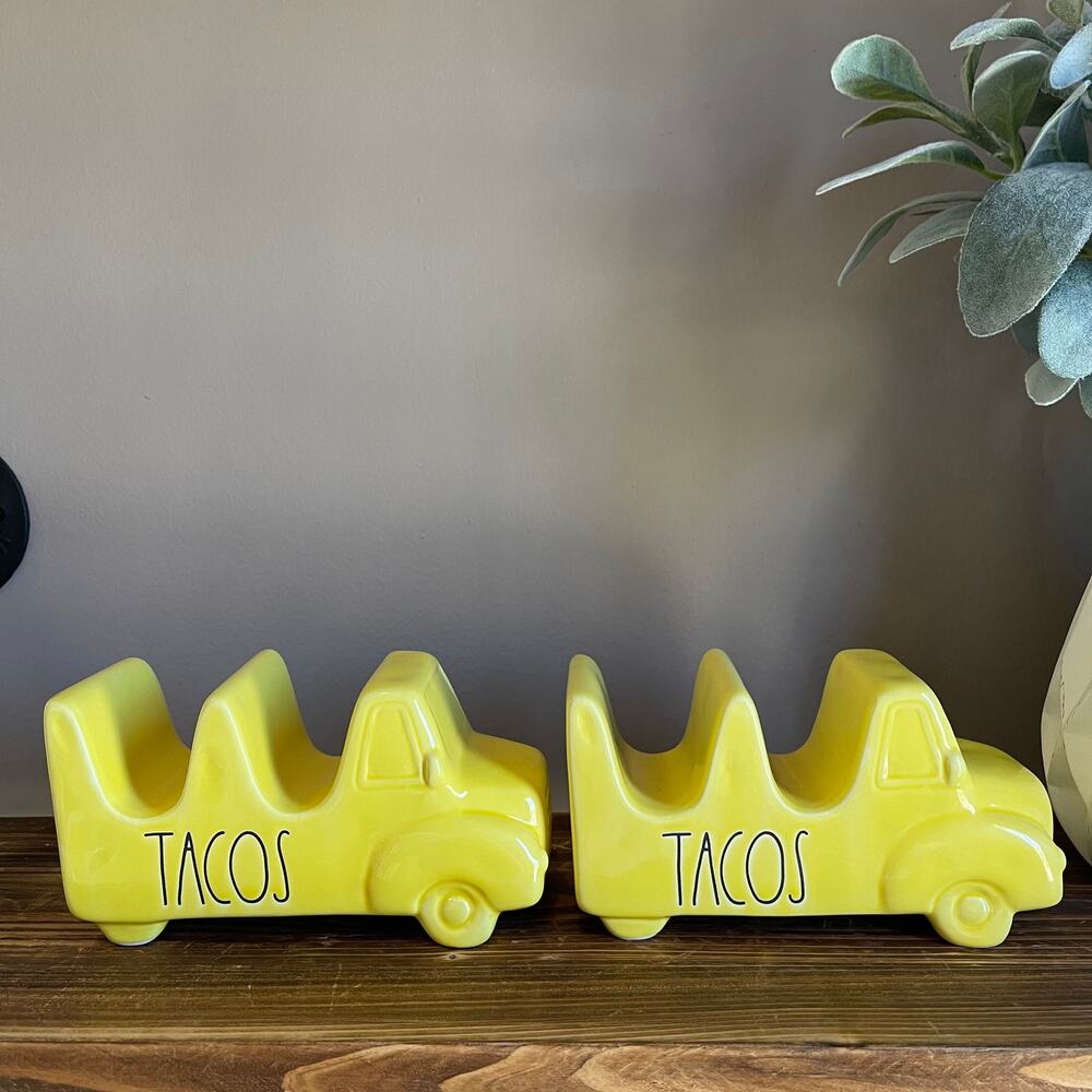 Rae Dunn TACOS Yellow Taco Truck Holders Set of 2 Ceramic NWOT